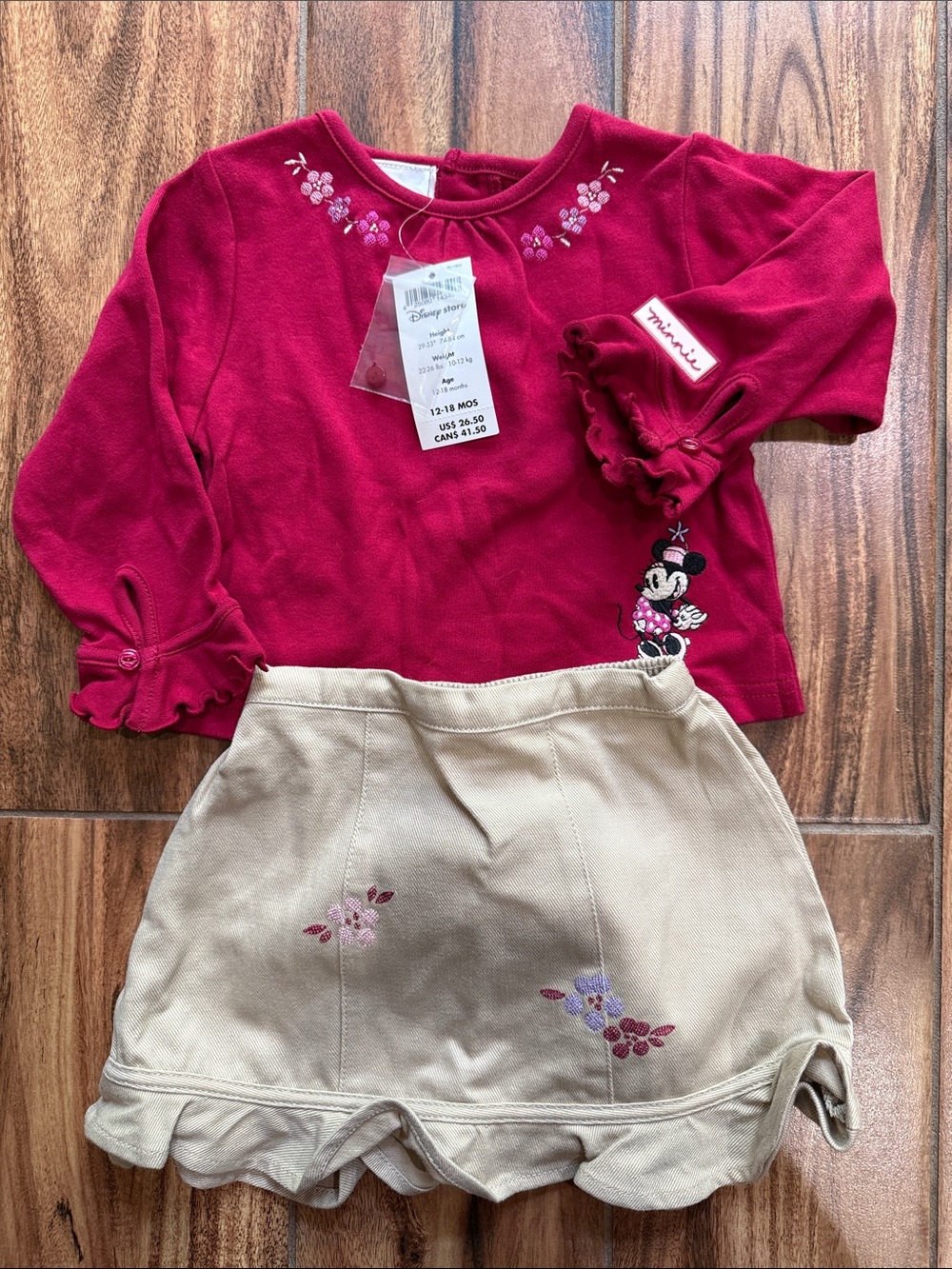 2008 Disney Store Minnie Mouse Red Top with Cream Embroidered Skirt